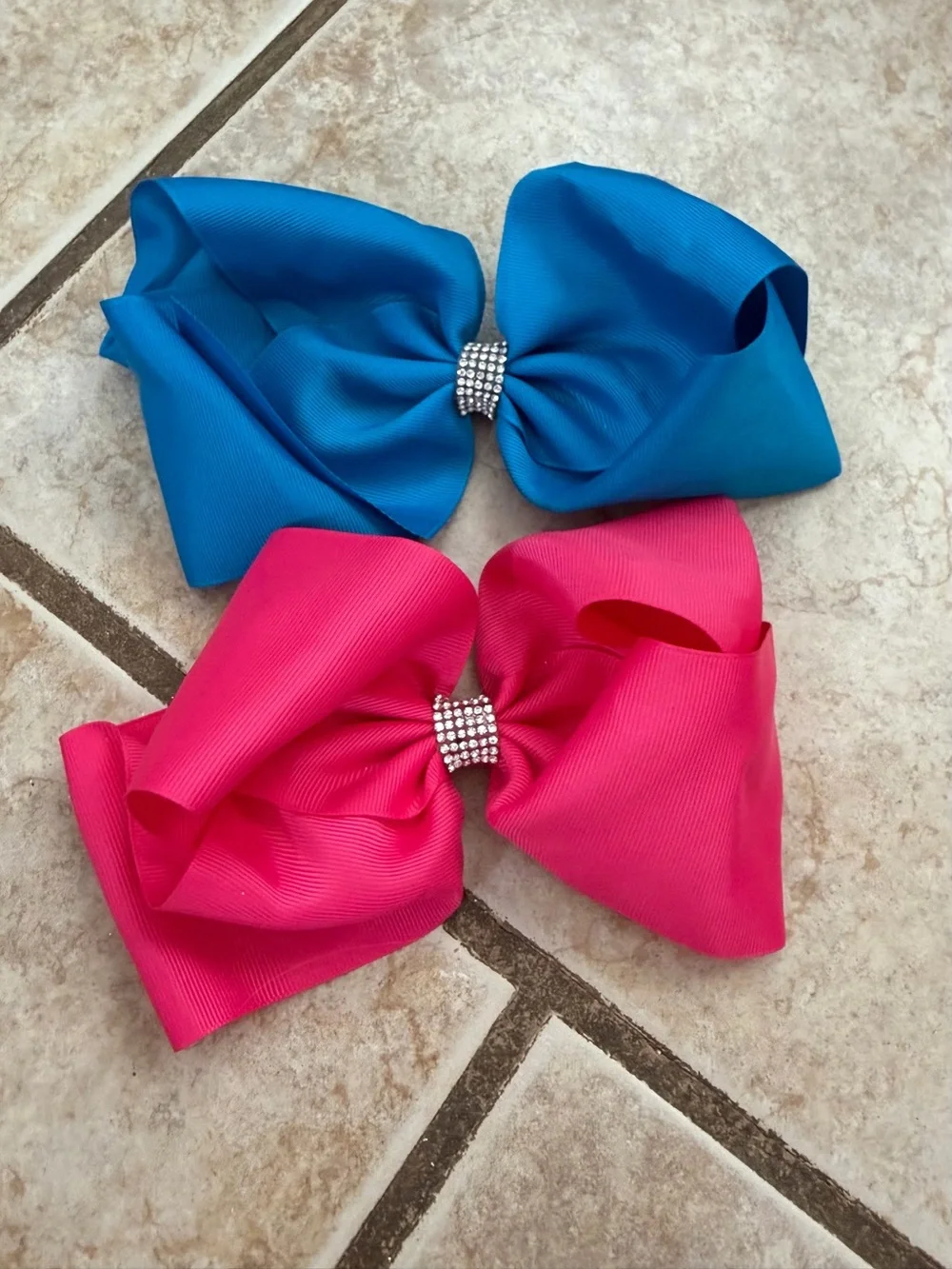 Bright Blue and Hot Pink Rhinestone Center Hair Bows - Set of 2